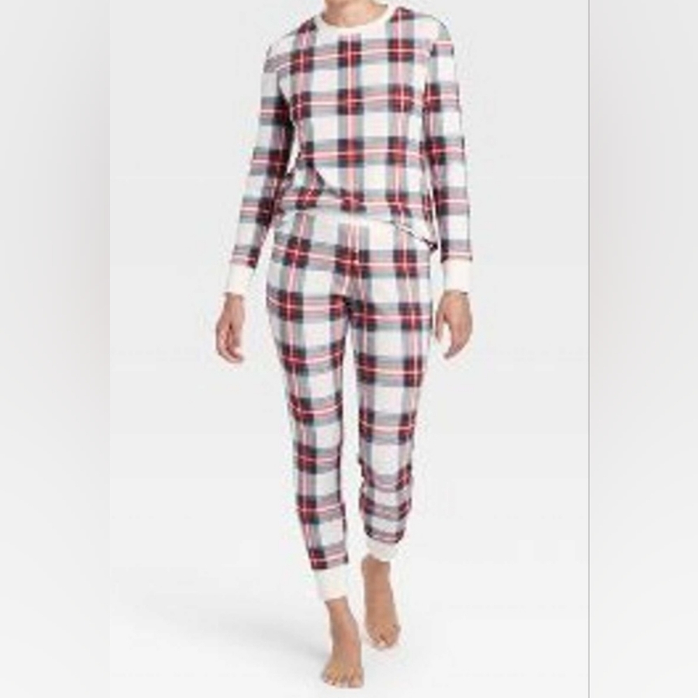 Stars Above Women's 2-Piece Thermal Pajama Set White/Multi Plaid Size XS NWT
